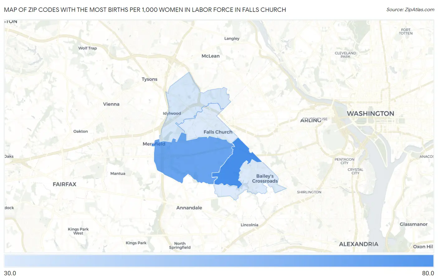 Zip Codes with the Most Births per 1,000 Women in Labor Force in Falls Church Map