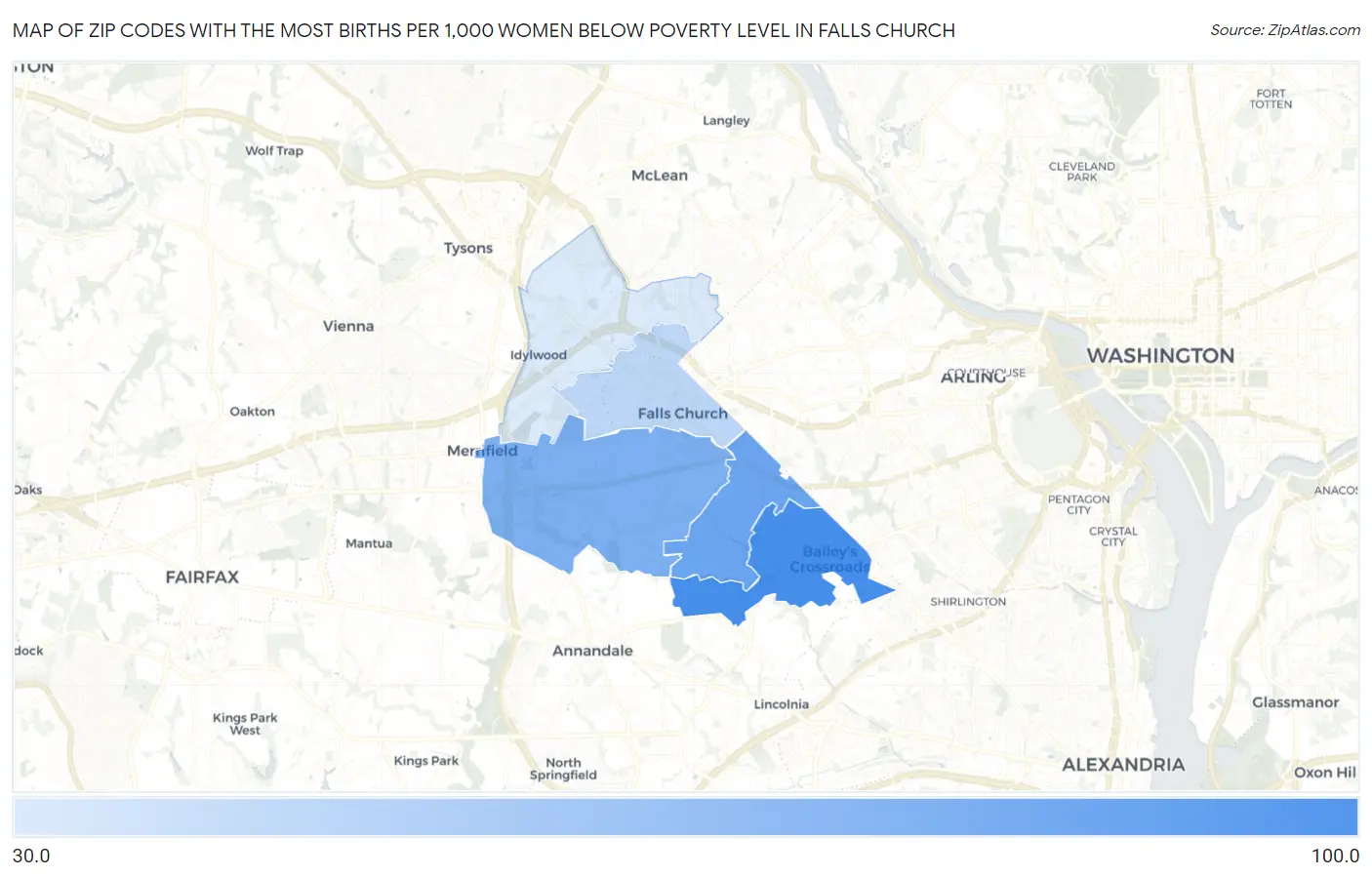 Zip Codes with the Most Births per 1,000 Women Below Poverty Level in Falls Church Map