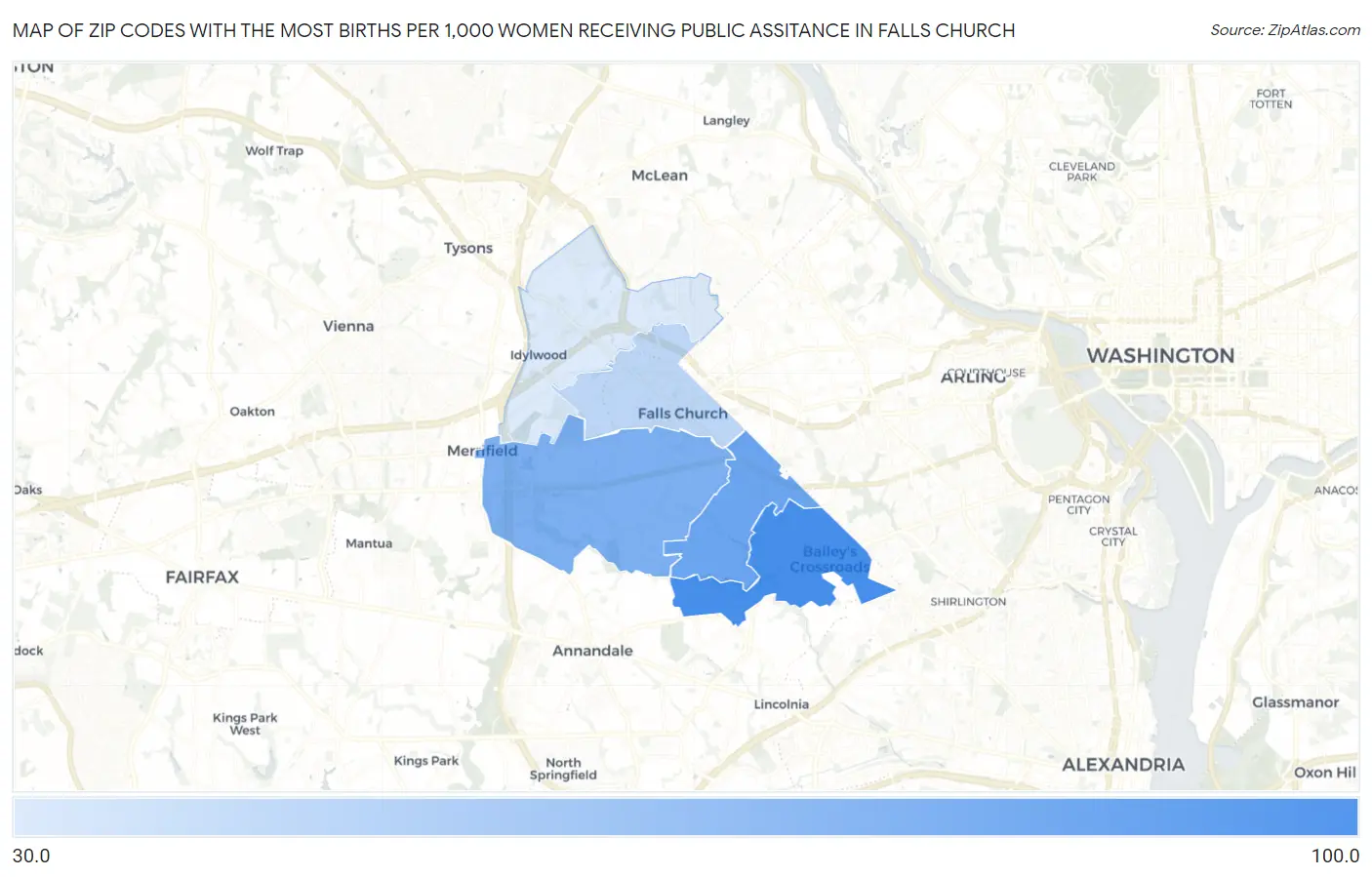 Zip Codes with the Most Births per 1,000 Women Receiving Public Assitance in Falls Church Map