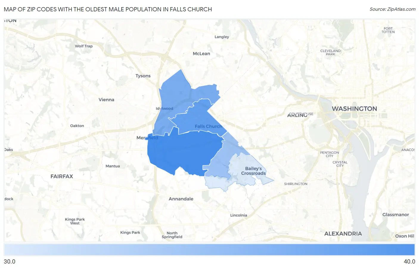 Zip Codes with the Oldest Male Population in Falls Church Map