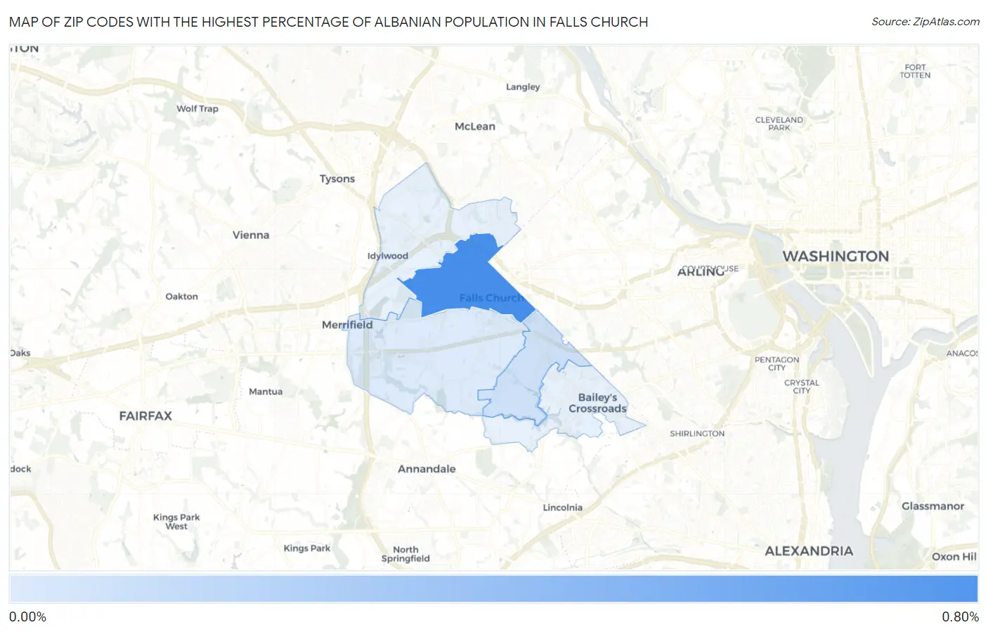 Zip Codes with the Highest Percentage of Albanian Population in Falls Church Map