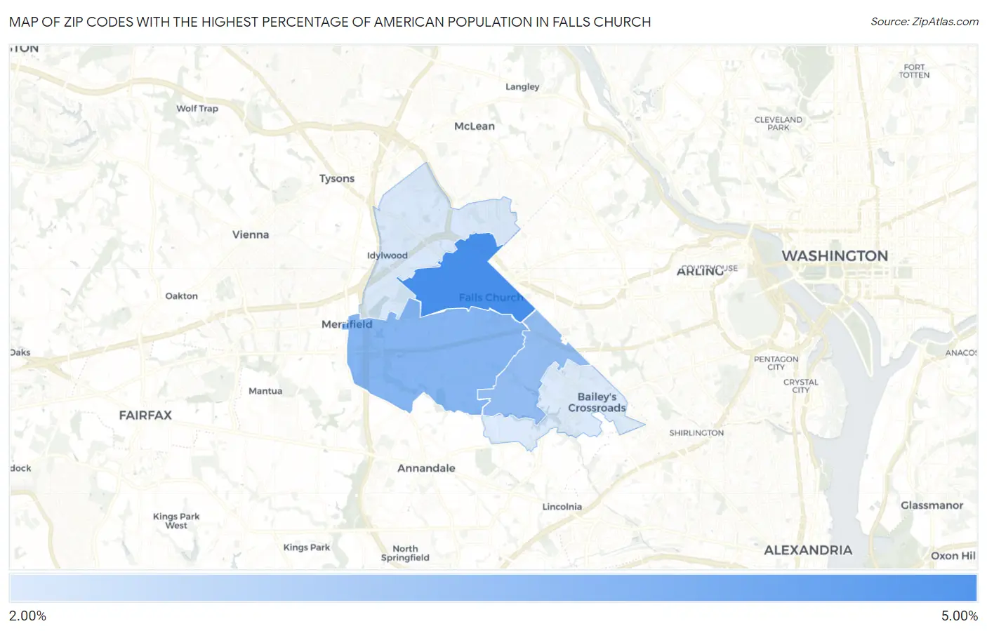 Zip Codes with the Highest Percentage of American Population in Falls Church Map