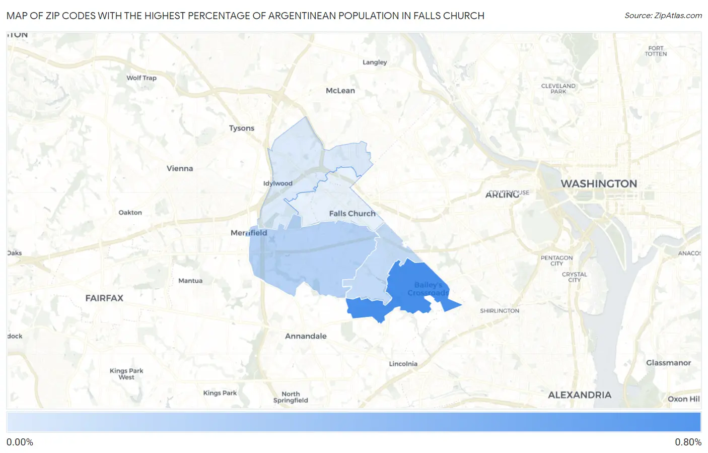 Zip Codes with the Highest Percentage of Argentinean Population in Falls Church Map