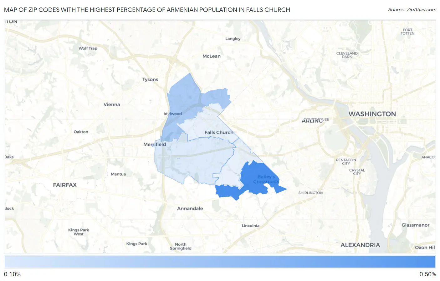 Zip Codes with the Highest Percentage of Armenian Population in Falls Church Map