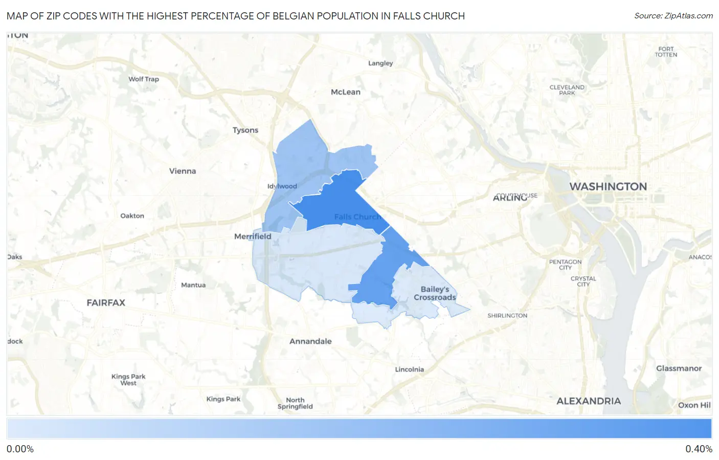 Zip Codes with the Highest Percentage of Belgian Population in Falls Church Map