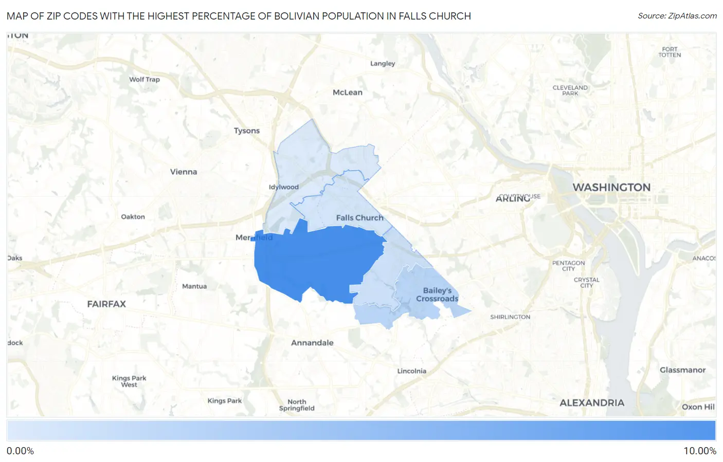 Zip Codes with the Highest Percentage of Bolivian Population in Falls Church Map