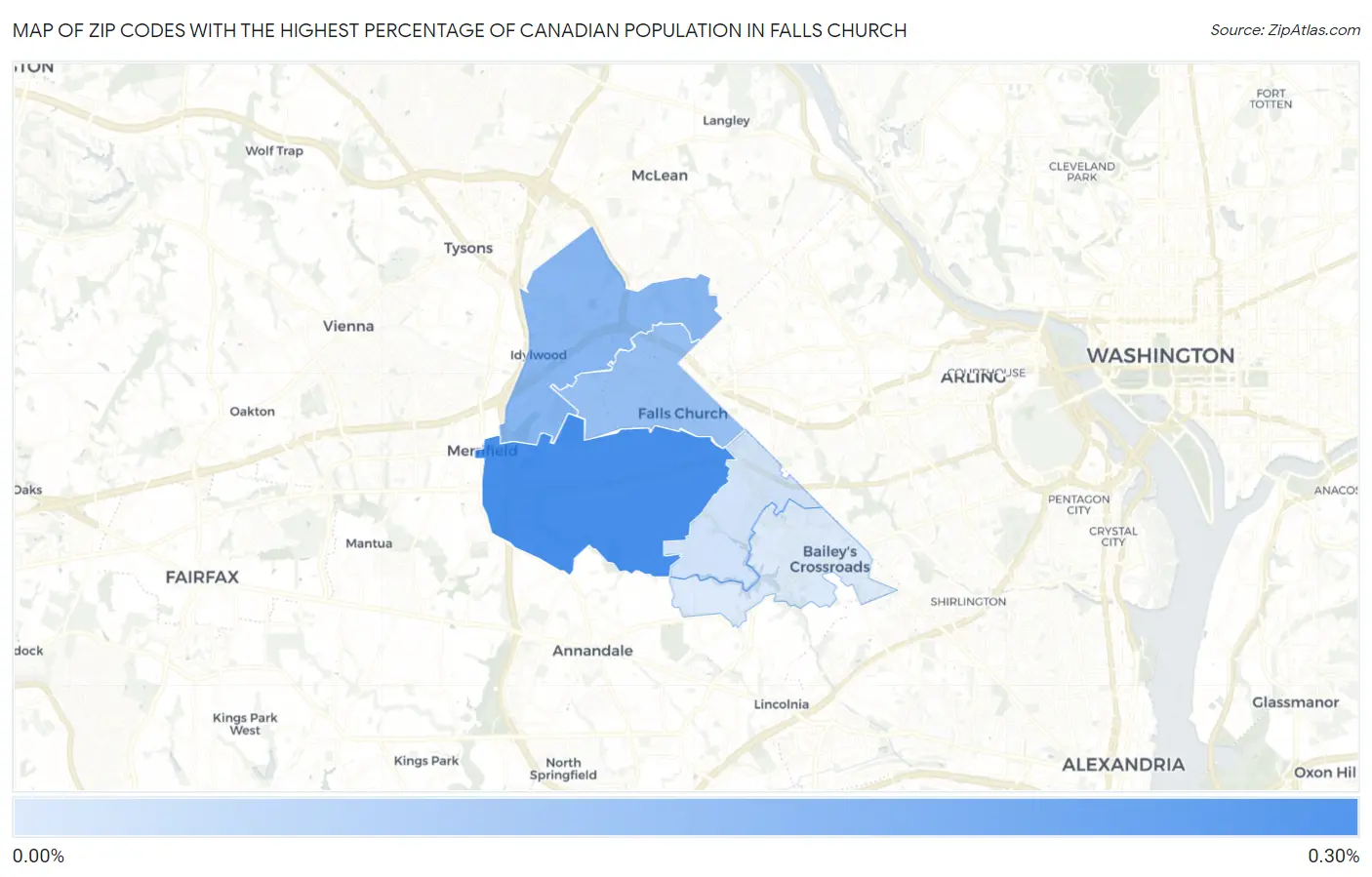Zip Codes with the Highest Percentage of Canadian Population in Falls Church Map