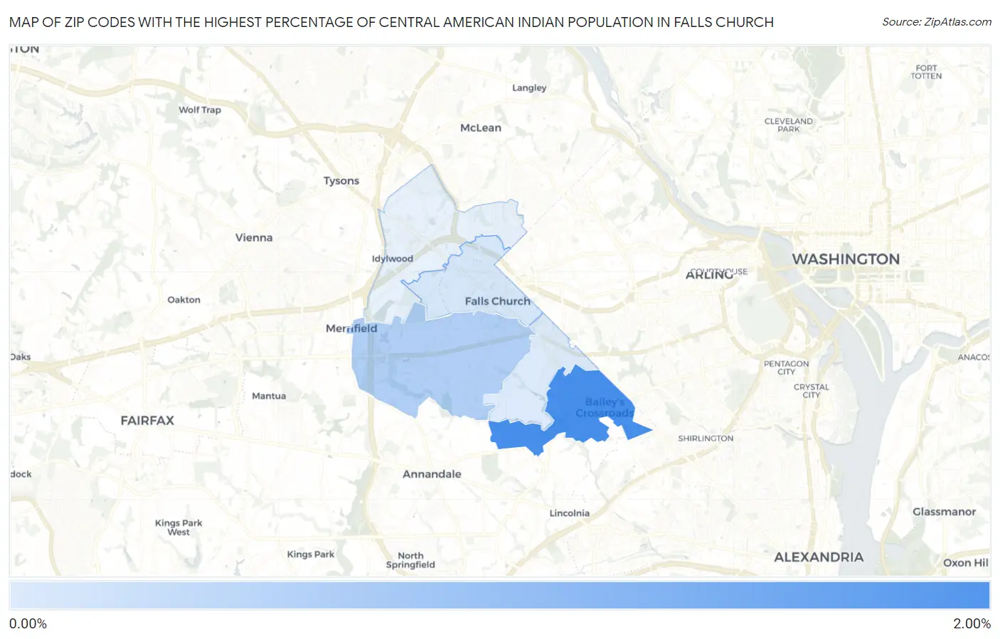 Zip Codes with the Highest Percentage of Central American Indian Population in Falls Church Map