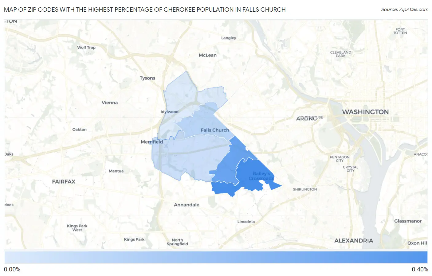 Zip Codes with the Highest Percentage of Cherokee Population in Falls Church Map
