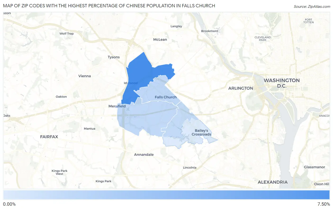 Zip Codes with the Highest Percentage of Chinese Population in Falls Church Map