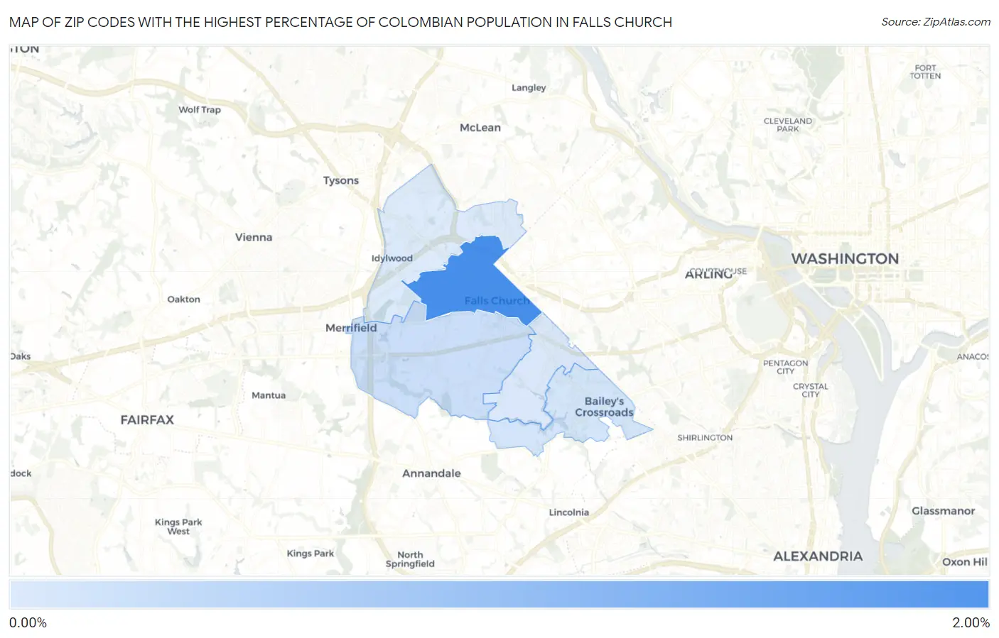Zip Codes with the Highest Percentage of Colombian Population in Falls Church Map