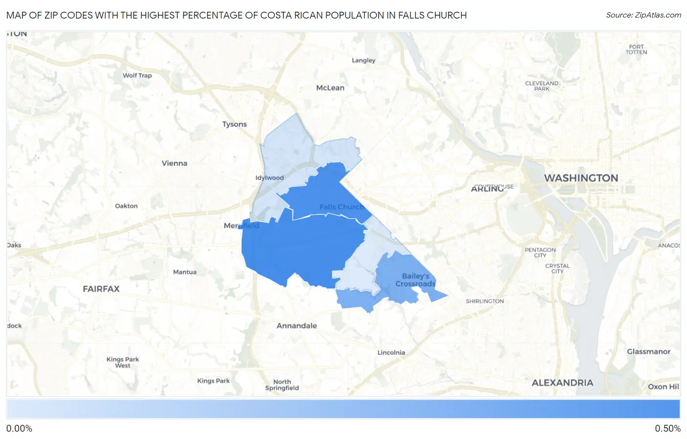 Zip Codes with the Highest Percentage of Costa Rican Population in Falls Church Map