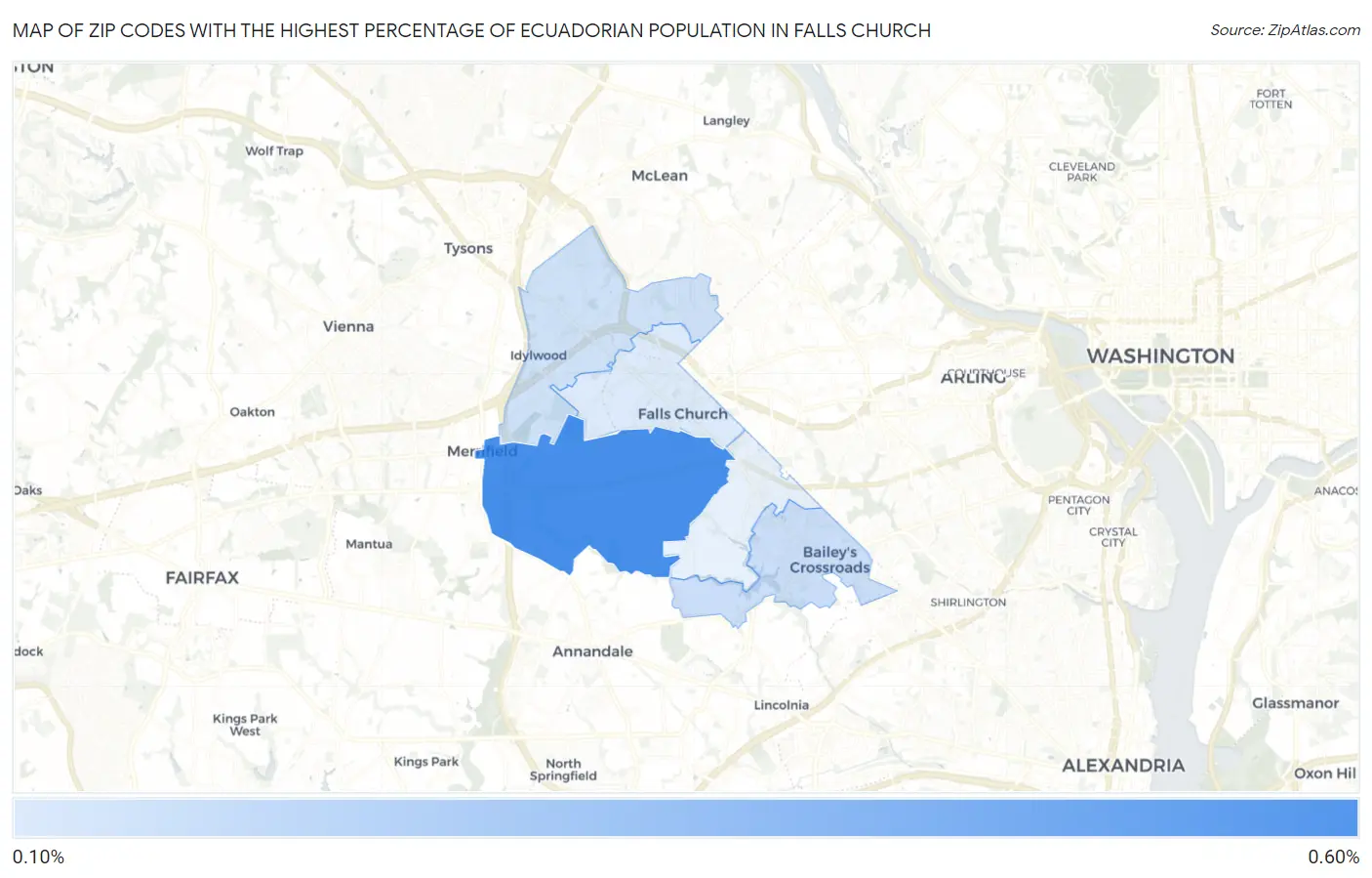 Zip Codes with the Highest Percentage of Ecuadorian Population in Falls Church Map