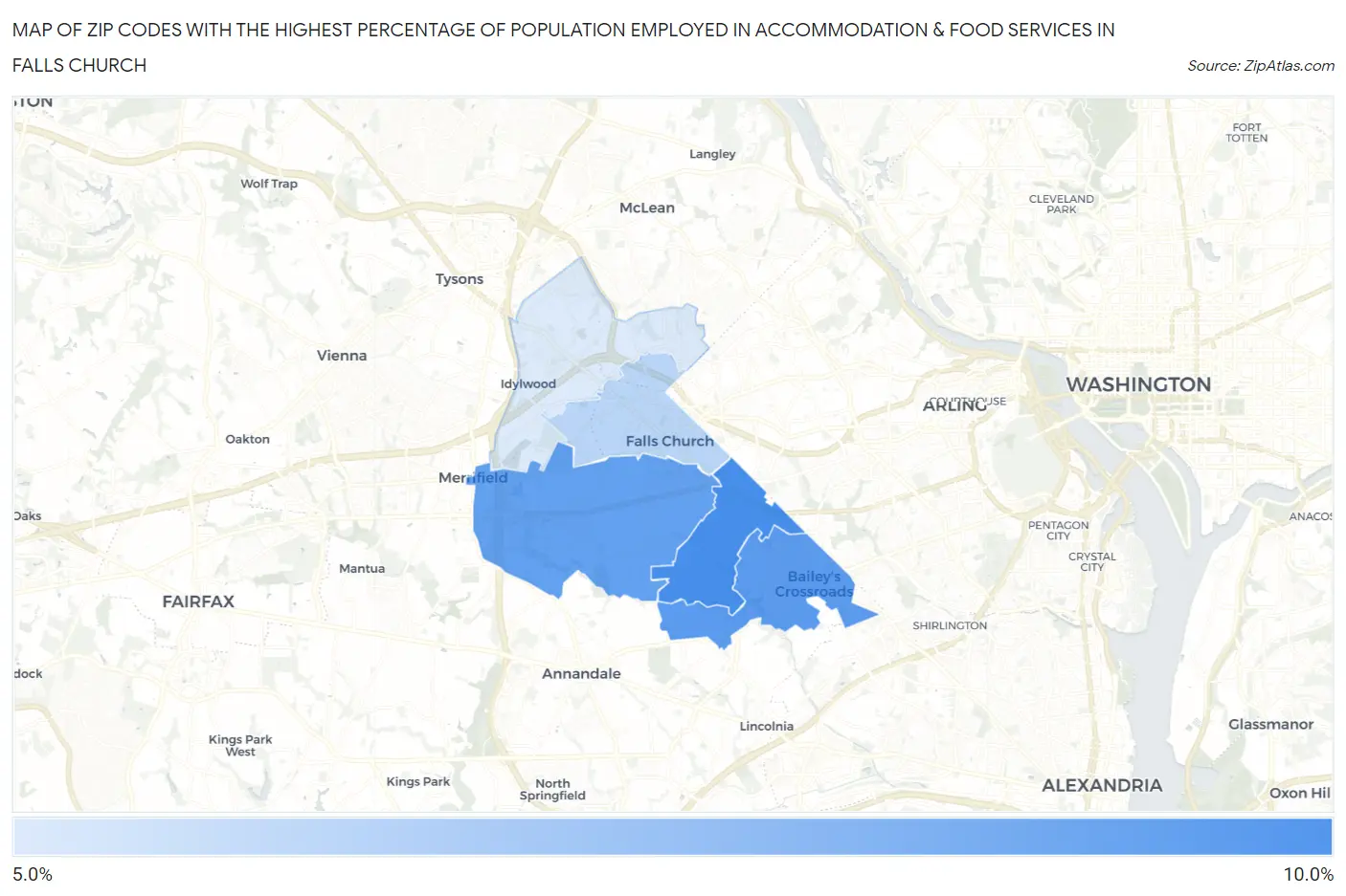 Zip Codes with the Highest Percentage of Population Employed in Accommodation & Food Services in Falls Church Map