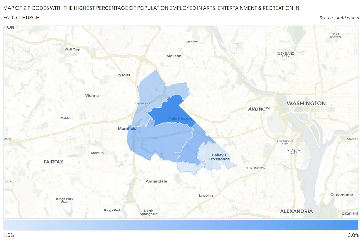 Zip Codes with the Highest Percentage of Population Employed in Arts, Entertainment & Recreation in Falls Church Map