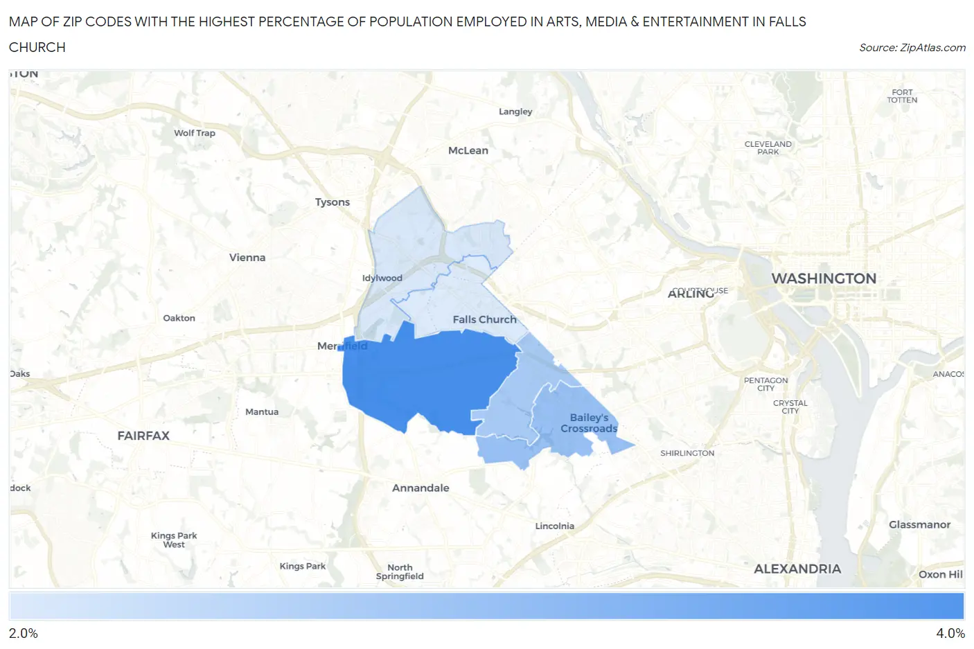 Zip Codes with the Highest Percentage of Population Employed in Arts, Media & Entertainment in Falls Church Map