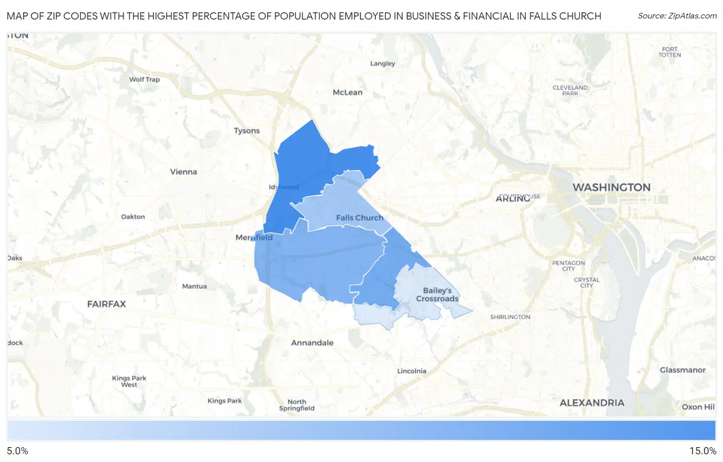 Zip Codes with the Highest Percentage of Population Employed in Business & Financial in Falls Church Map