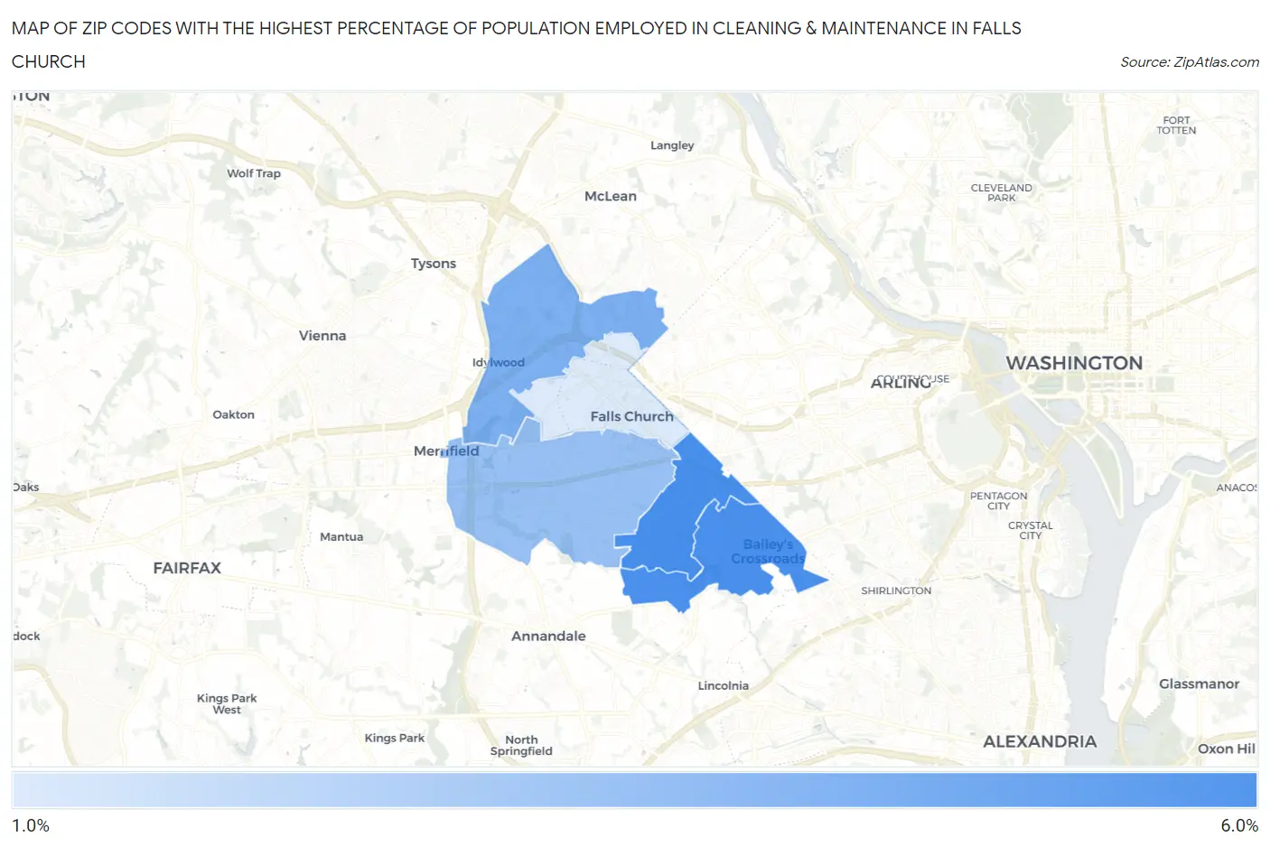 Zip Codes with the Highest Percentage of Population Employed in Cleaning & Maintenance in Falls Church Map