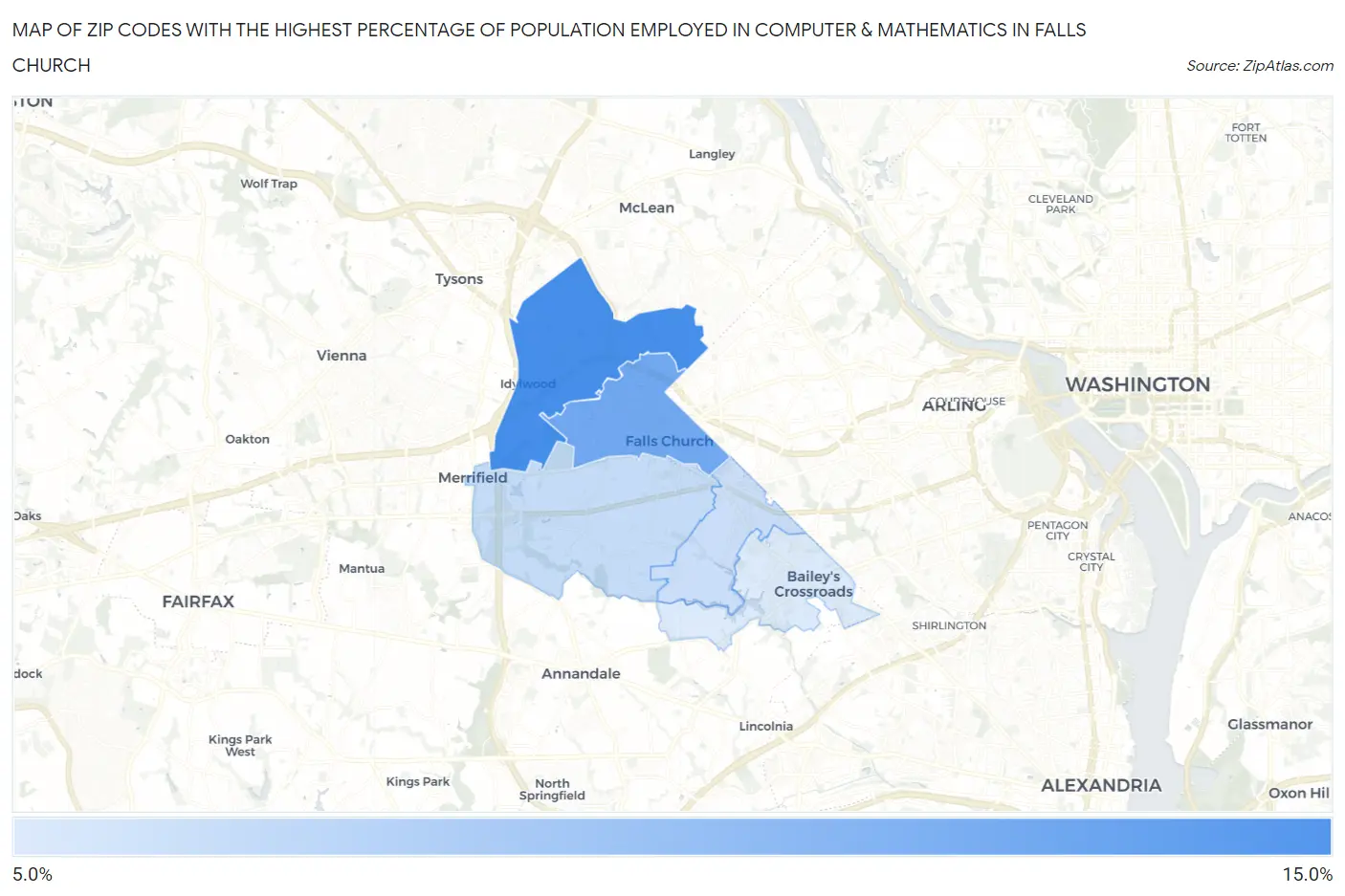 Zip Codes with the Highest Percentage of Population Employed in Computer & Mathematics in Falls Church Map