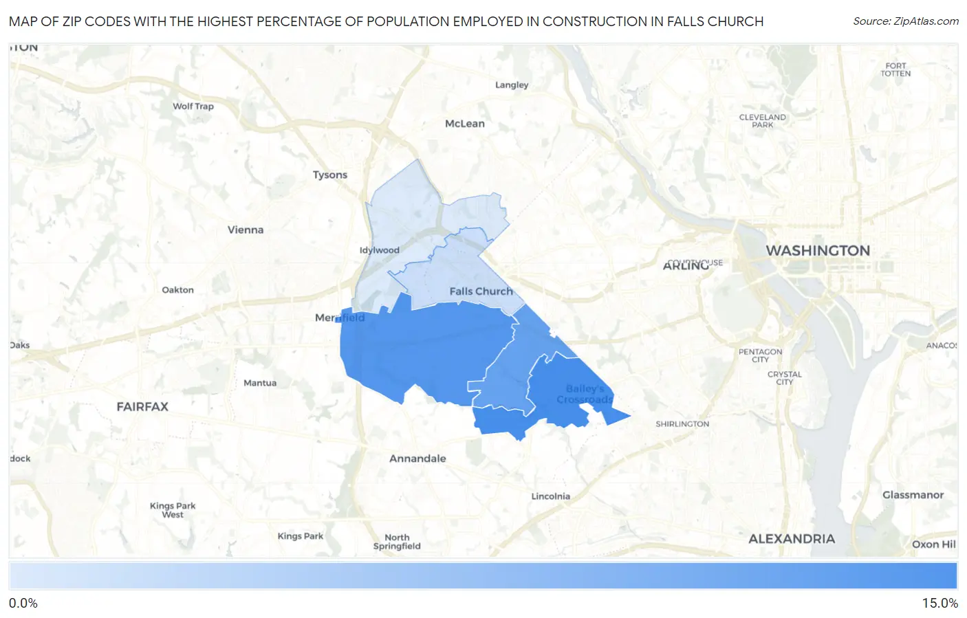Zip Codes with the Highest Percentage of Population Employed in Construction in Falls Church Map