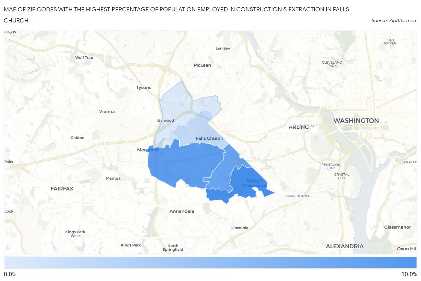 Zip Codes with the Highest Percentage of Population Employed in Construction & Extraction in Falls Church Map