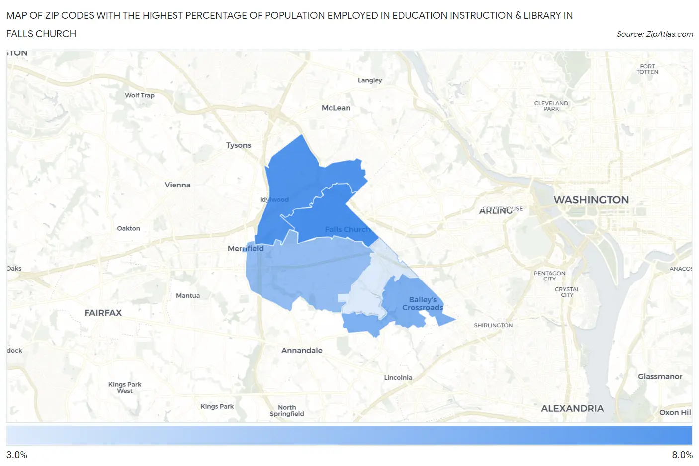 Zip Codes with the Highest Percentage of Population Employed in Education Instruction & Library in Falls Church Map