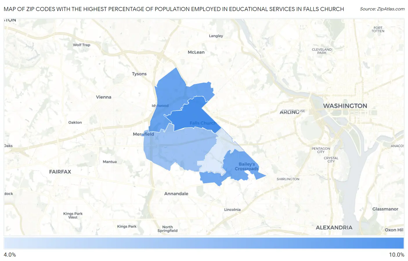 Zip Codes with the Highest Percentage of Population Employed in Educational Services in Falls Church Map
