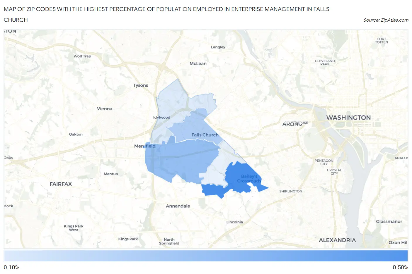 Zip Codes with the Highest Percentage of Population Employed in Enterprise Management in Falls Church Map