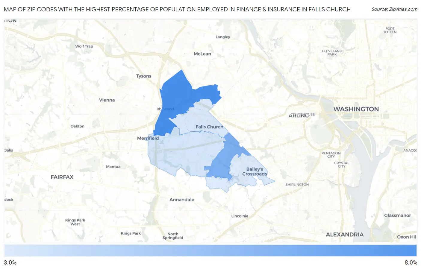 Zip Codes with the Highest Percentage of Population Employed in Finance & Insurance in Falls Church Map