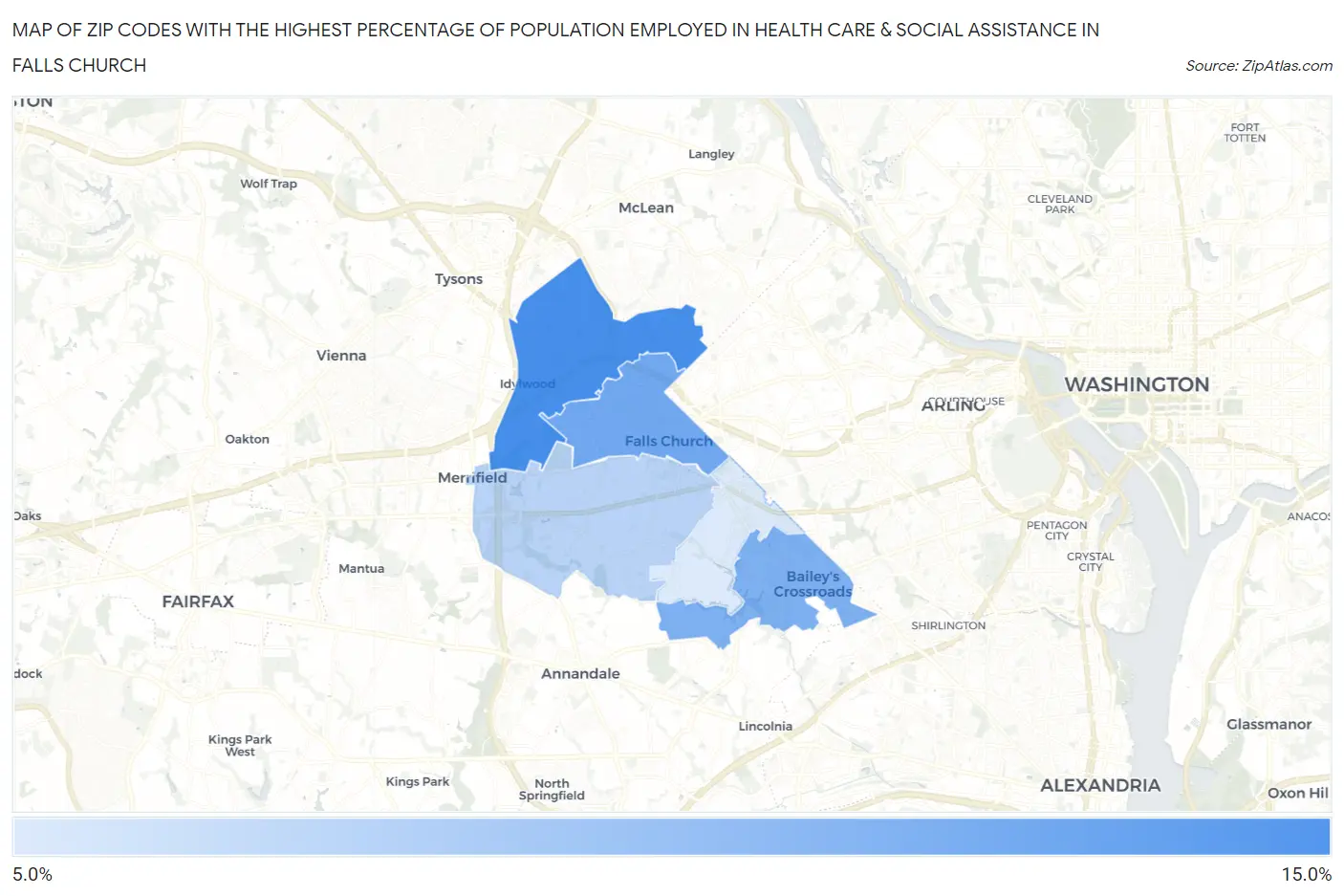 Zip Codes with the Highest Percentage of Population Employed in Health Care & Social Assistance in Falls Church Map