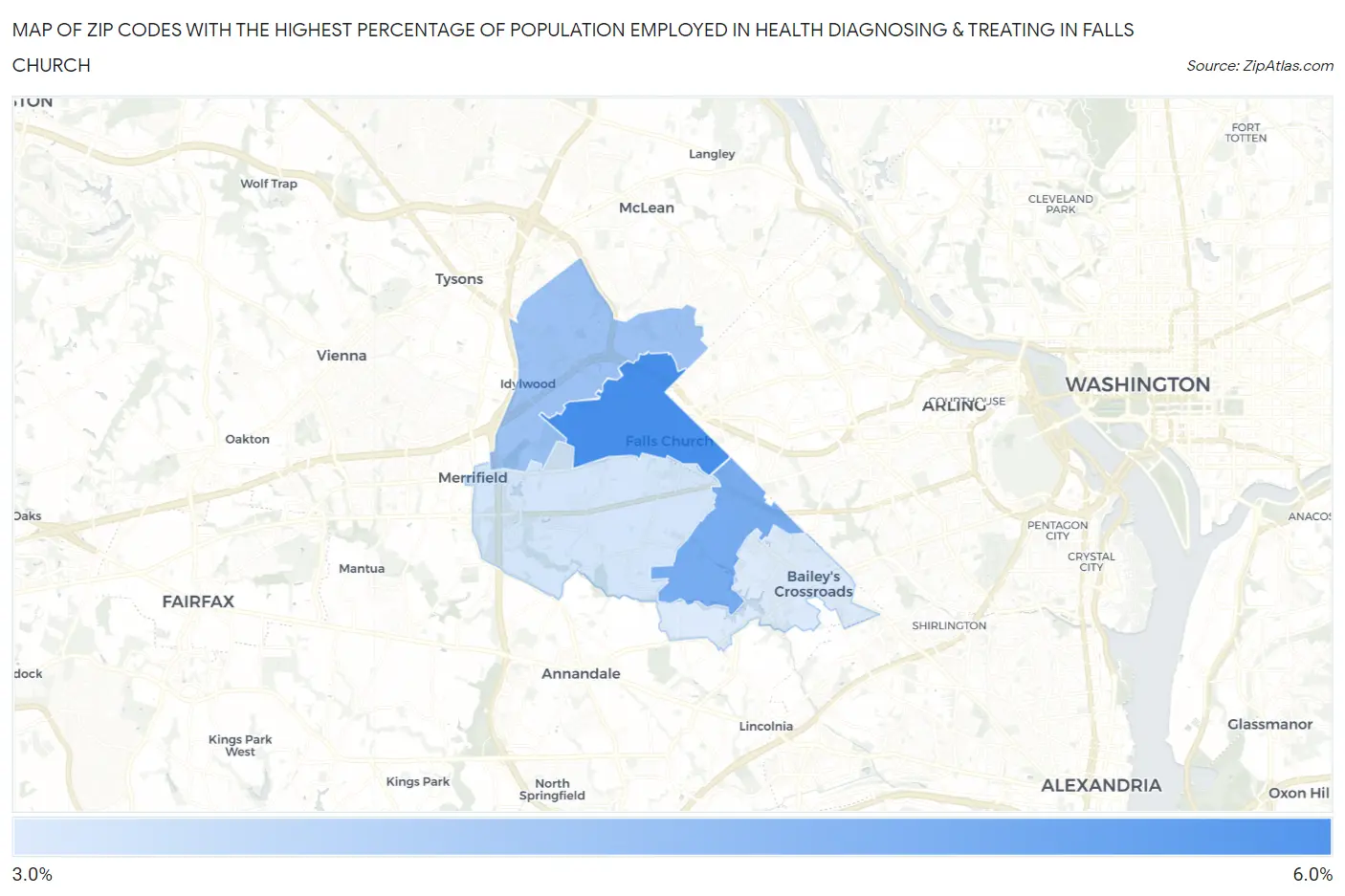 Zip Codes with the Highest Percentage of Population Employed in Health Diagnosing & Treating in Falls Church Map