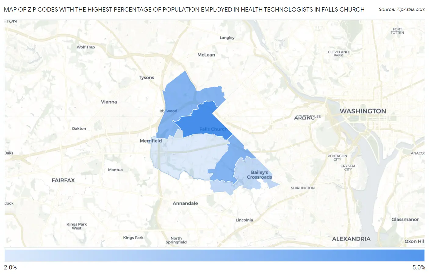 Zip Codes with the Highest Percentage of Population Employed in Health Technologists in Falls Church Map