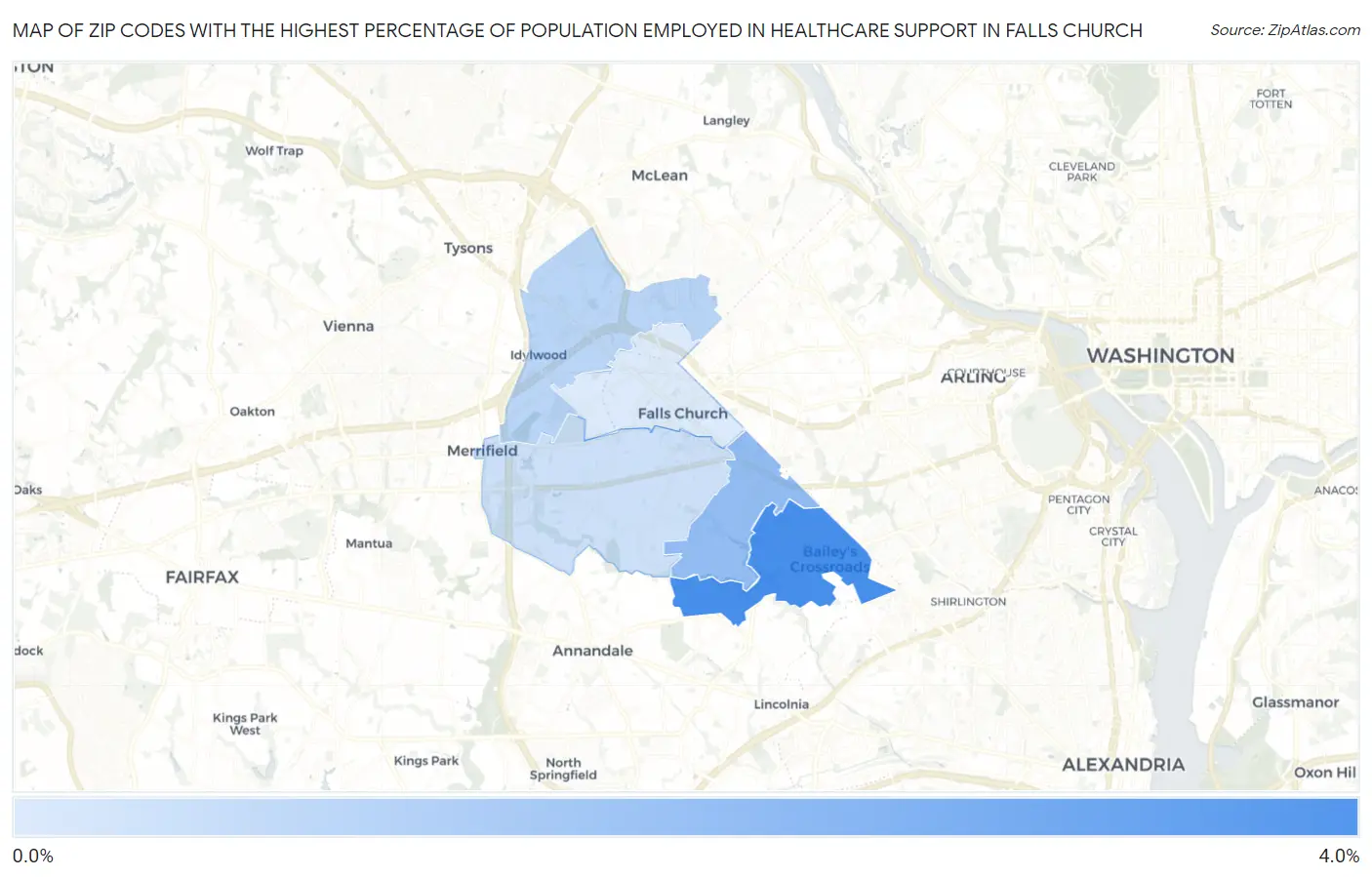 Zip Codes with the Highest Percentage of Population Employed in Healthcare Support in Falls Church Map