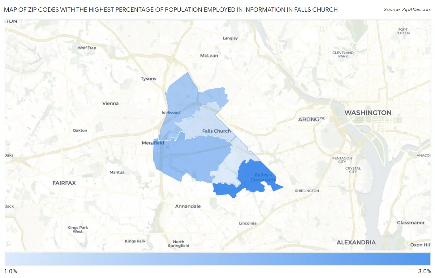 Zip Codes with the Highest Percentage of Population Employed in Information in Falls Church Map
