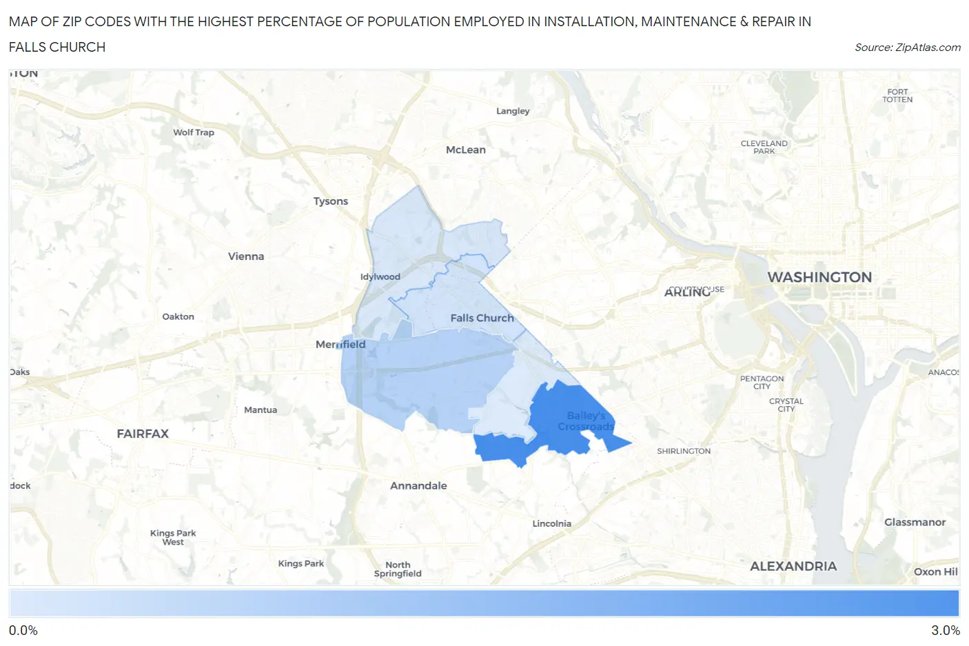 Zip Codes with the Highest Percentage of Population Employed in Installation, Maintenance & Repair in Falls Church Map