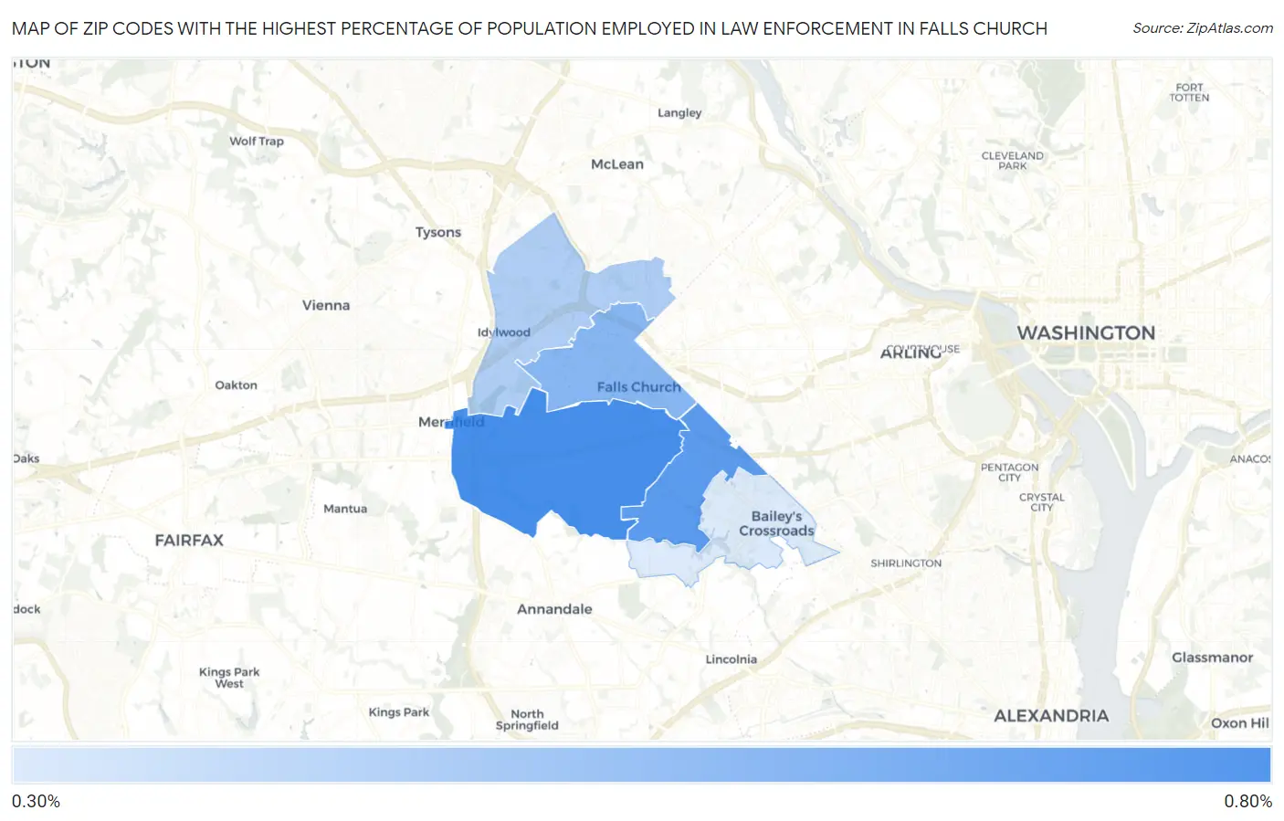Zip Codes with the Highest Percentage of Population Employed in Law Enforcement in Falls Church Map