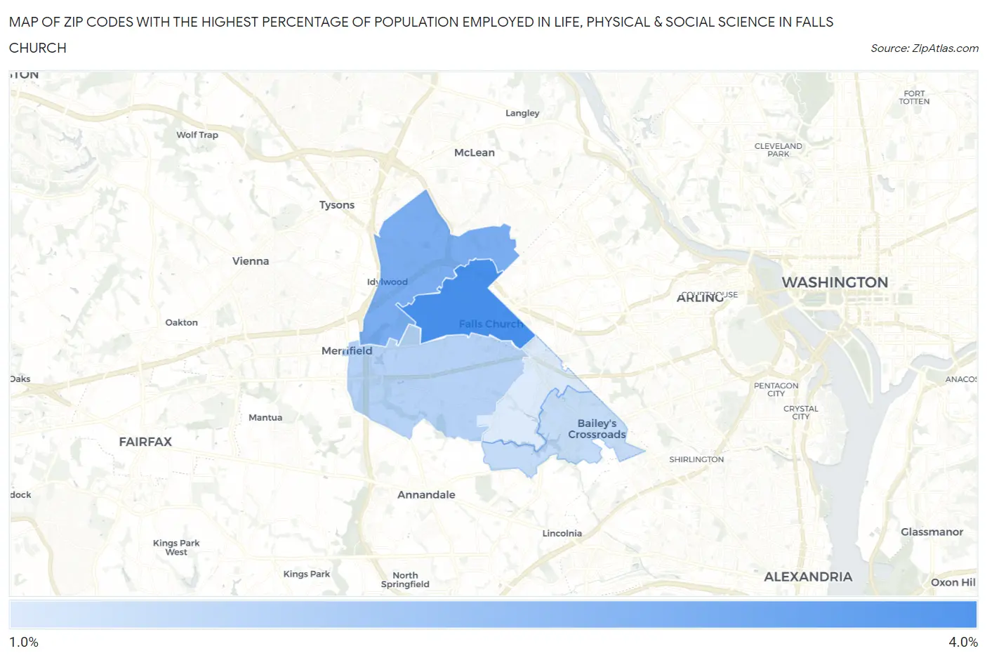 Zip Codes with the Highest Percentage of Population Employed in Life, Physical & Social Science in Falls Church Map