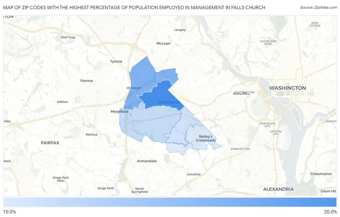 Zip Codes with the Highest Percentage of Population Employed in Management in Falls Church Map