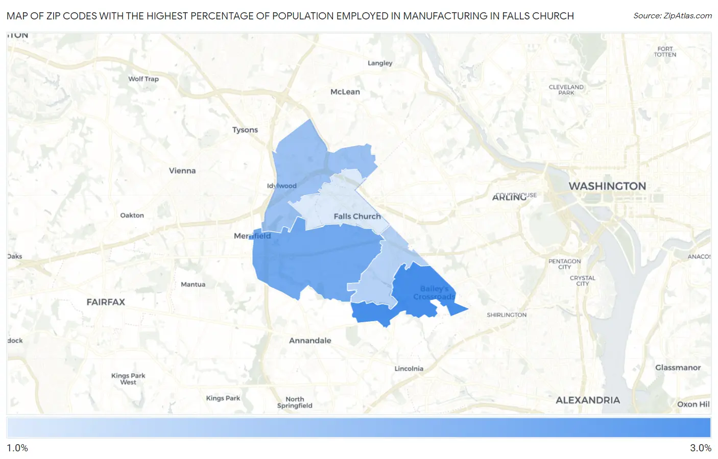 Zip Codes with the Highest Percentage of Population Employed in Manufacturing in Falls Church Map