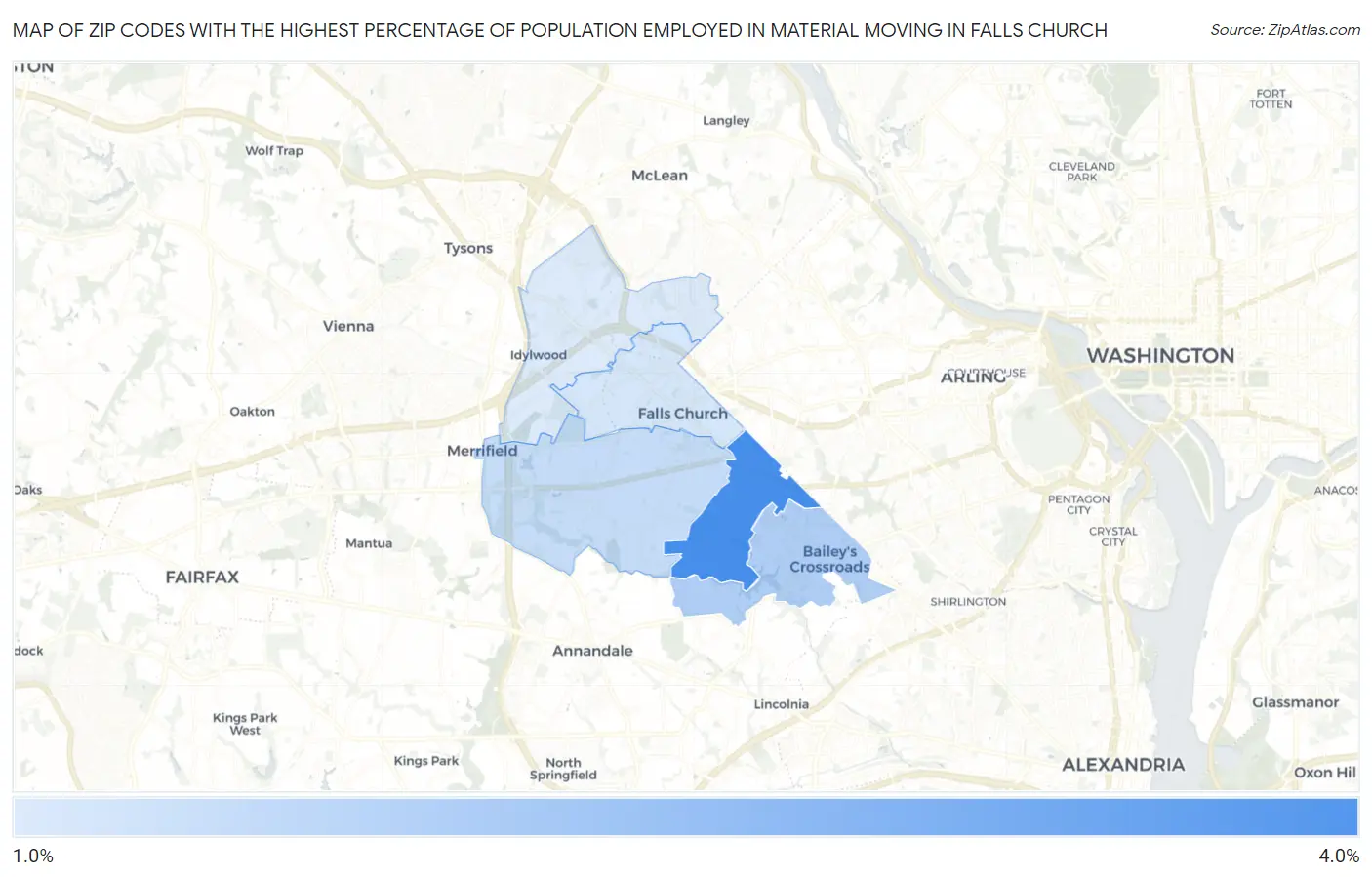 Zip Codes with the Highest Percentage of Population Employed in Material Moving in Falls Church Map