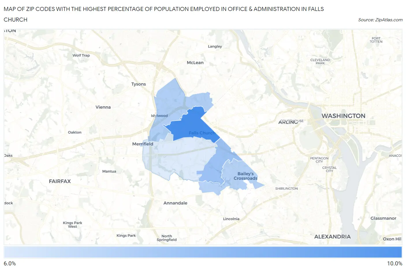 Zip Codes with the Highest Percentage of Population Employed in Office & Administration in Falls Church Map