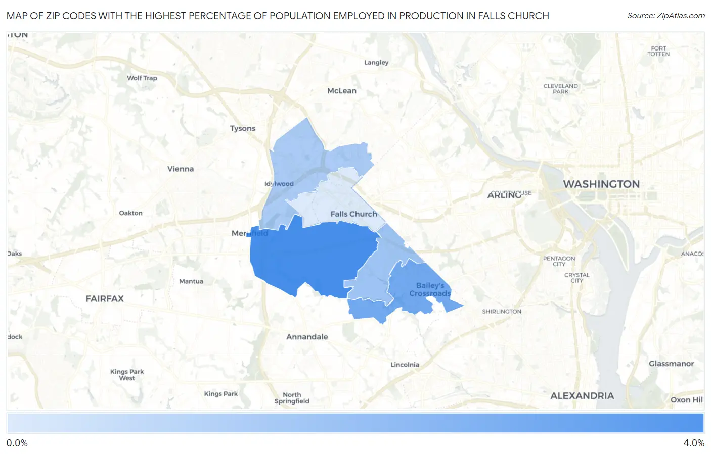 Zip Codes with the Highest Percentage of Population Employed in Production in Falls Church Map
