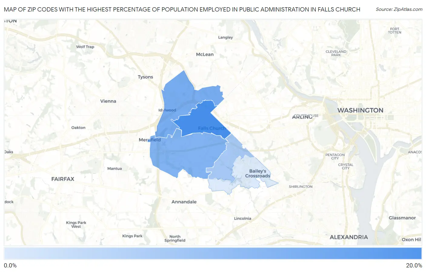 Zip Codes with the Highest Percentage of Population Employed in Public Administration in Falls Church Map