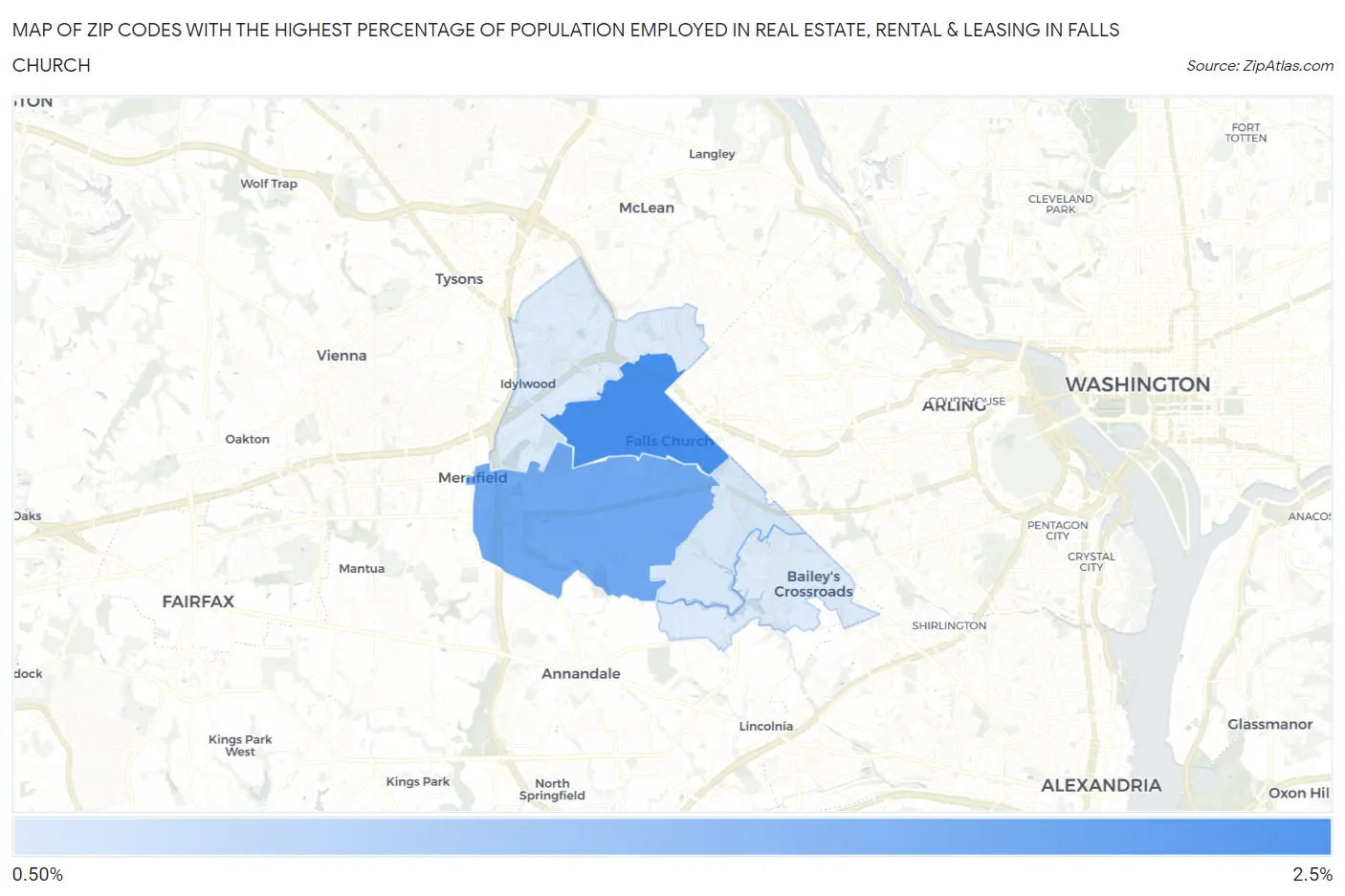 Zip Codes with the Highest Percentage of Population Employed in Real Estate, Rental & Leasing in Falls Church Map