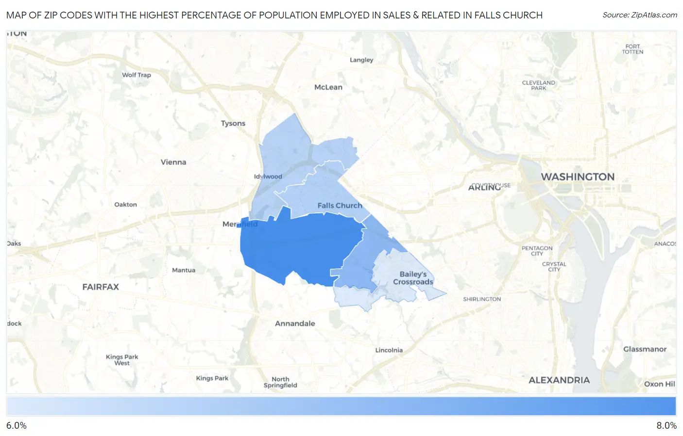 Zip Codes with the Highest Percentage of Population Employed in Sales & Related in Falls Church Map