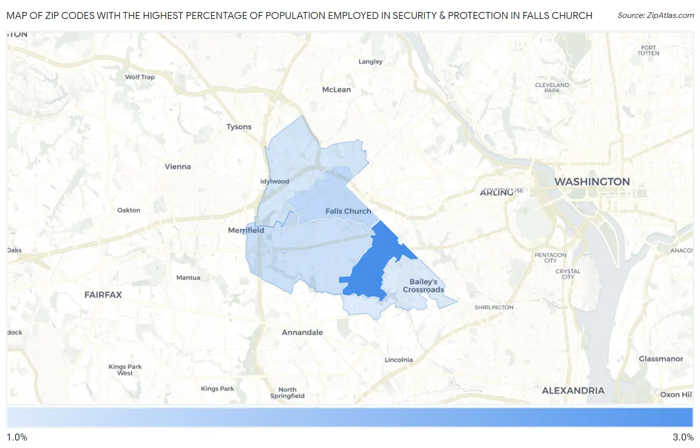 Zip Codes with the Highest Percentage of Population Employed in Security & Protection in Falls Church Map