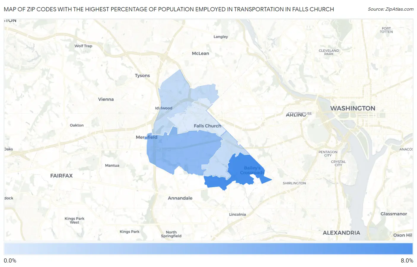 Zip Codes with the Highest Percentage of Population Employed in Transportation in Falls Church Map
