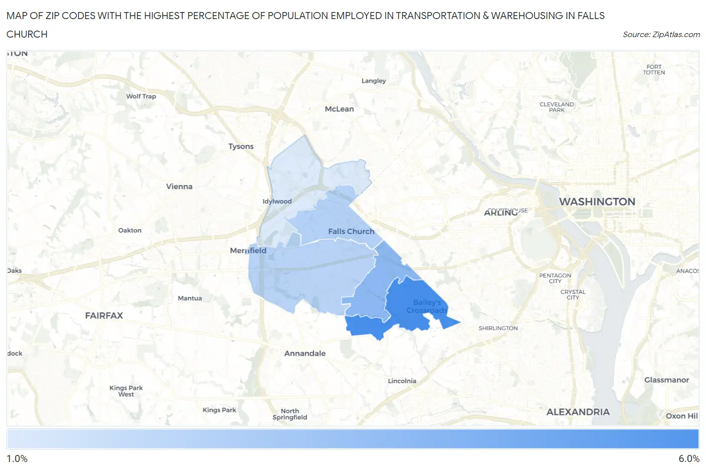 Zip Codes with the Highest Percentage of Population Employed in Transportation & Warehousing in Falls Church Map