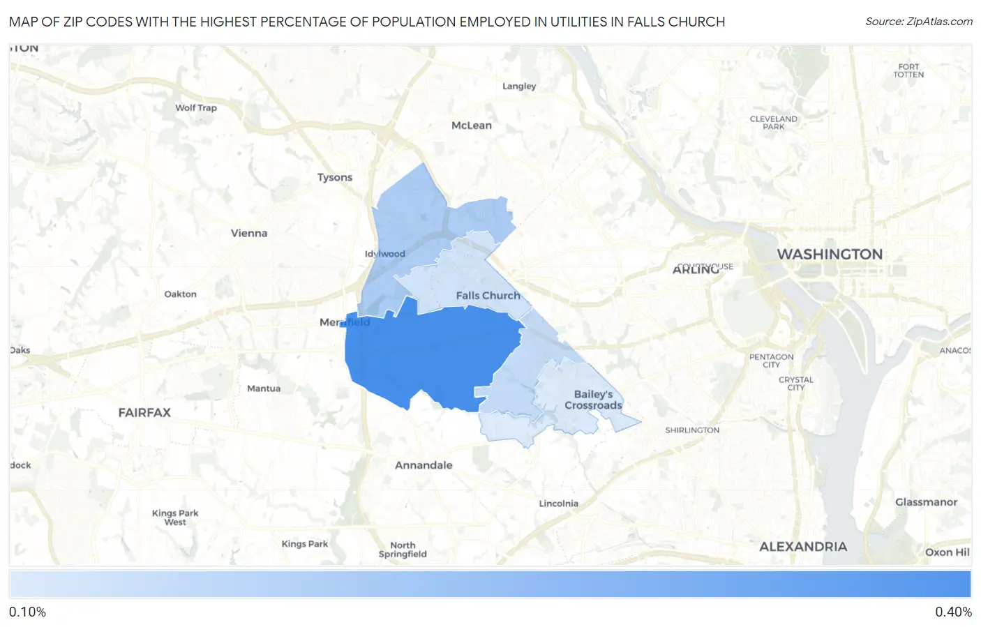 Zip Codes with the Highest Percentage of Population Employed in Utilities in Falls Church Map