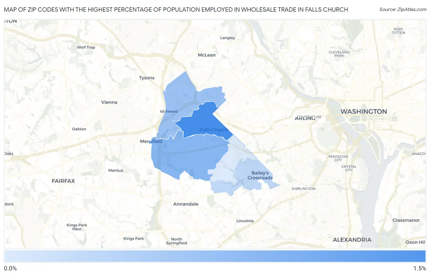 Zip Codes with the Highest Percentage of Population Employed in Wholesale Trade in Falls Church Map